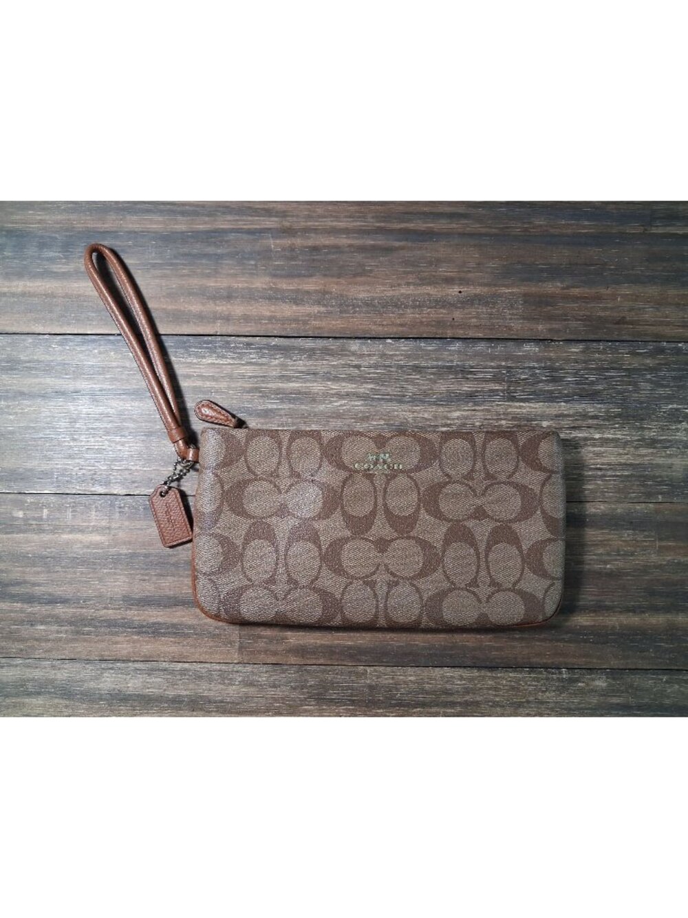COACH Double Zip Wristlet Wallet Signature Canvas Khaki Brown Leather Clutch